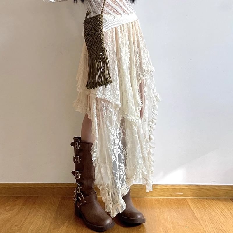 WIKPROM - Hoge taille asymmetrische geplooide midi A-lijn kanten rok