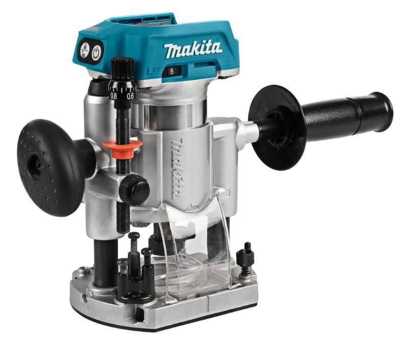 Makita DRT50ZJX9 18V Boven- en kantenfrees met diverse voeten, in mbox met geleiderail adapter
