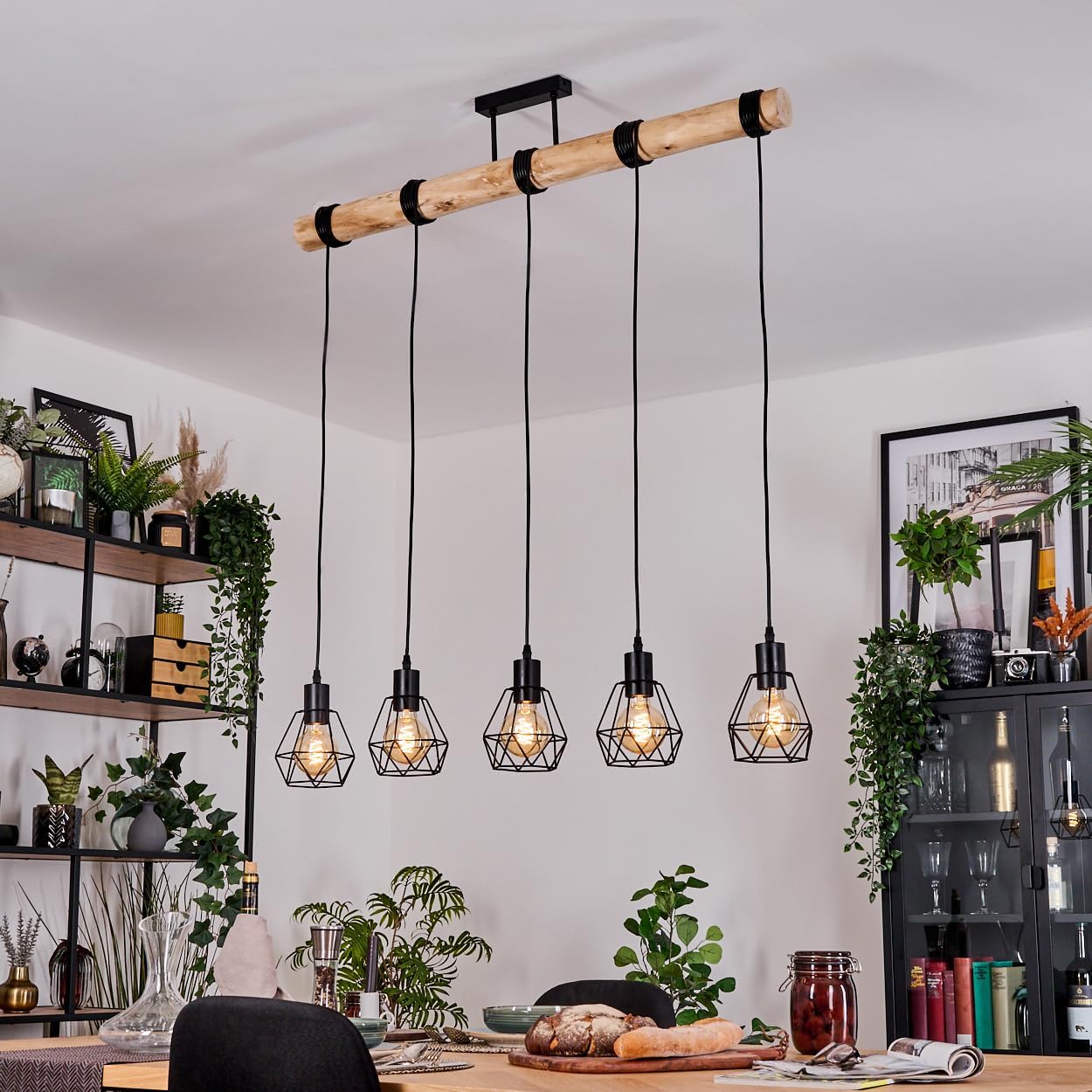 HOFSTEIN Hängeleuchte Yaak, 5-flammige Hängelampe aus Metall/Holz in Schwarz/Natur, Pendelleuchte im Boho/Retro/Vintage-Design mit Holzstab u. Gitterschirmen, 235 cm, E27, Esszimmer, Küche, Wohnzimmer