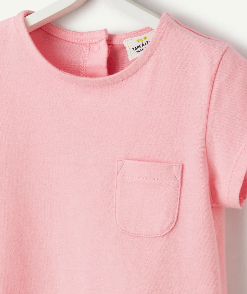 t-shirt manches courtes bébé en coton biologique rose avec poche