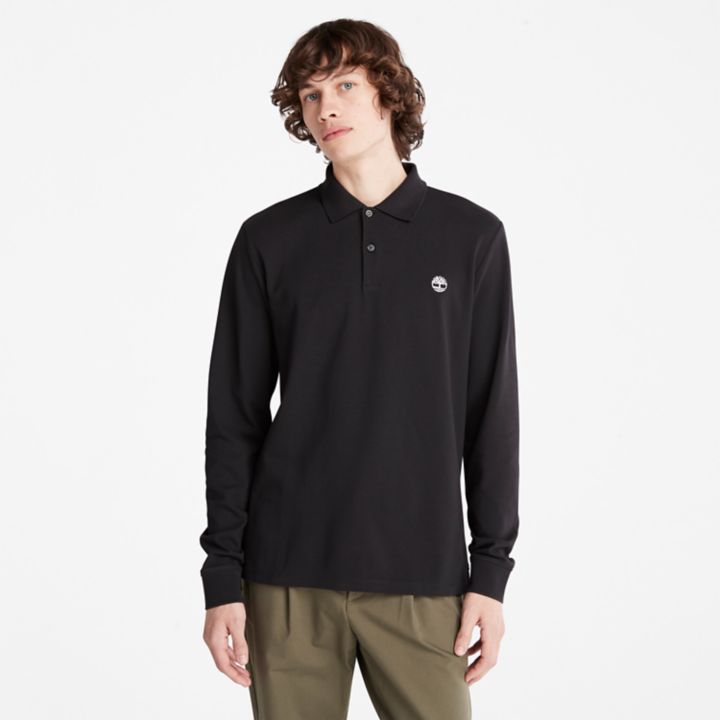 Camisa polo de manga comprida Millers River em piqué para homem, na cor preta.