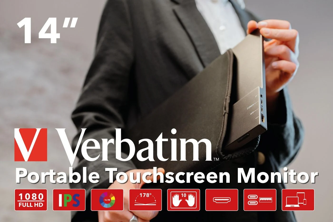 Verbatim - 14'' Bærbar Touchscreen Monitor Full HD 1080p