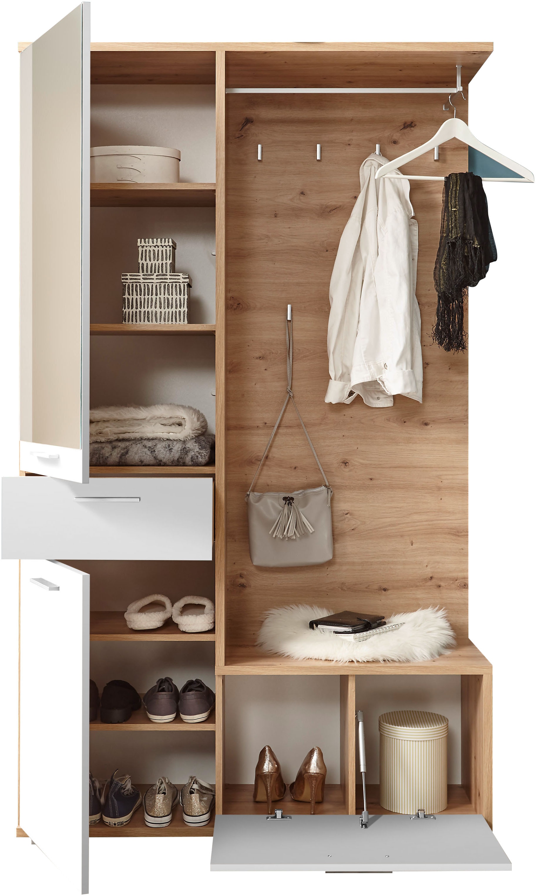 HBZ Kompaktgarderobe »Entra Garderobe, BxHxT 117x198x38 cm« 3 Stk. tlg. mit Spiegel und Schubkasten