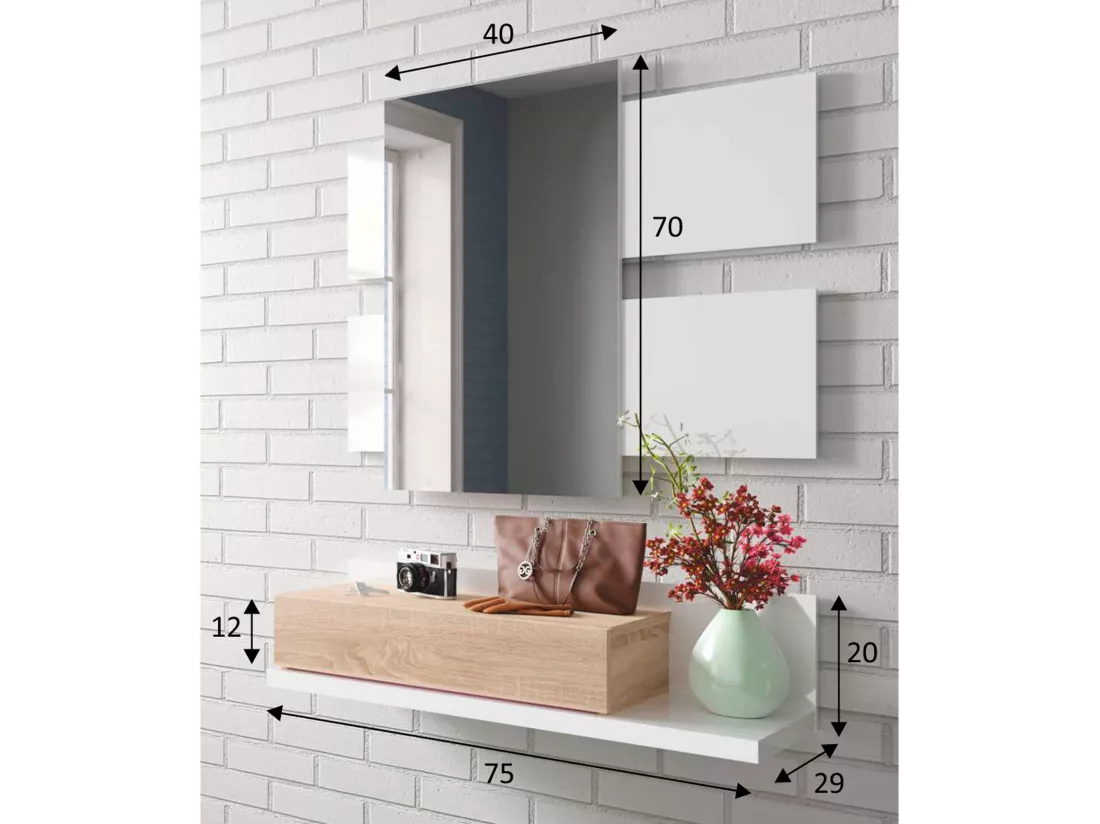 Meuble d'entrée Telma avec 1 tiroir et Miroir Blanc/Chêne, 75 cm Largeur