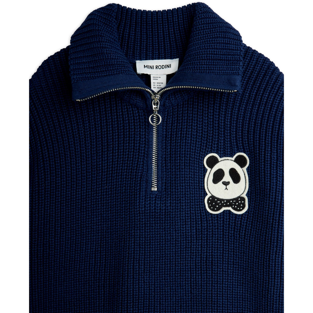 Køb Mini Rodini Blue Panda Patch Chunky Strik Half Zip Sweater