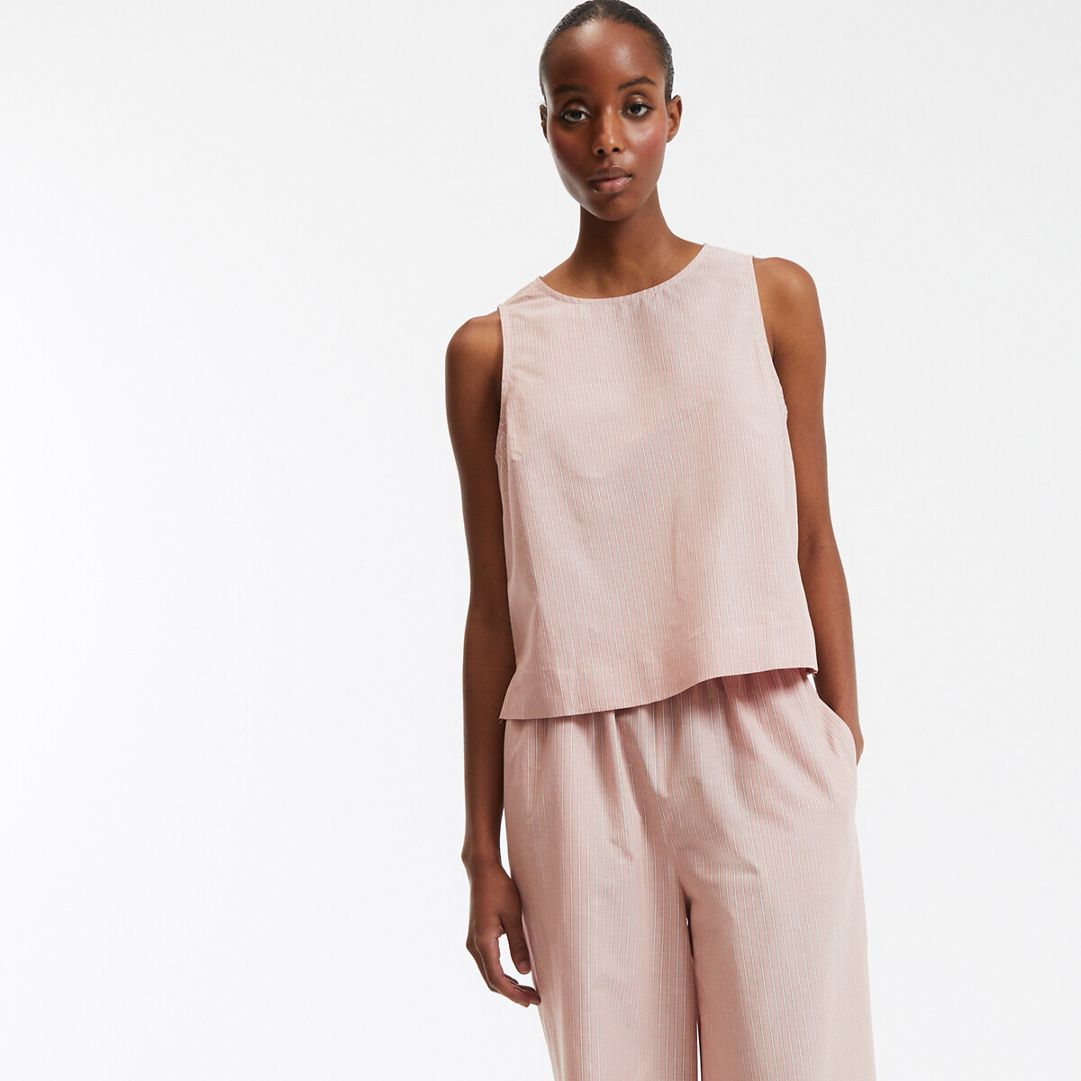 COLEÇÃO LA REDOUTE<br>Blusa listrada sem mangas com gola redonda em algodão e linho