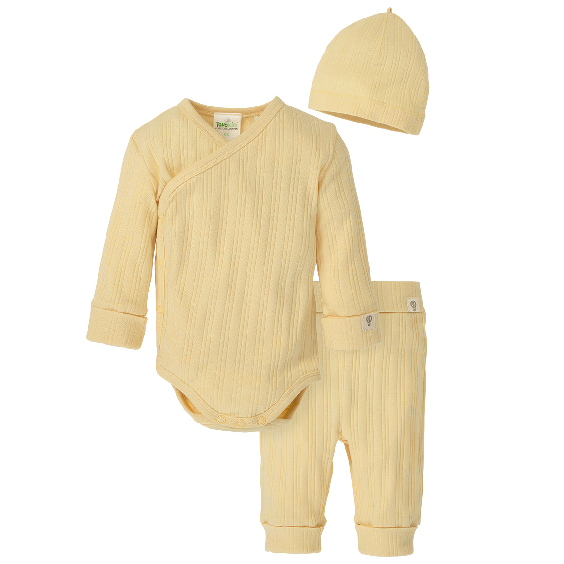 Topomini Pure Collection Newborn Wickelbody, Hose und Mütze im Set hellgelb