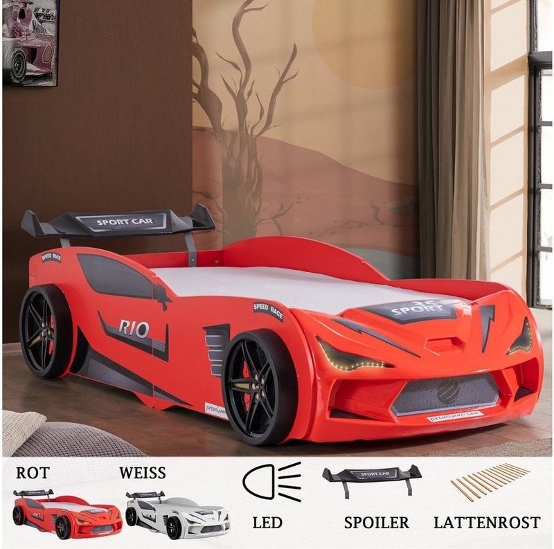 Aileenstore - Autobed Rio - Kinderbed - Rood - 90x200 incl. Lattenbodem en LED-verlichting