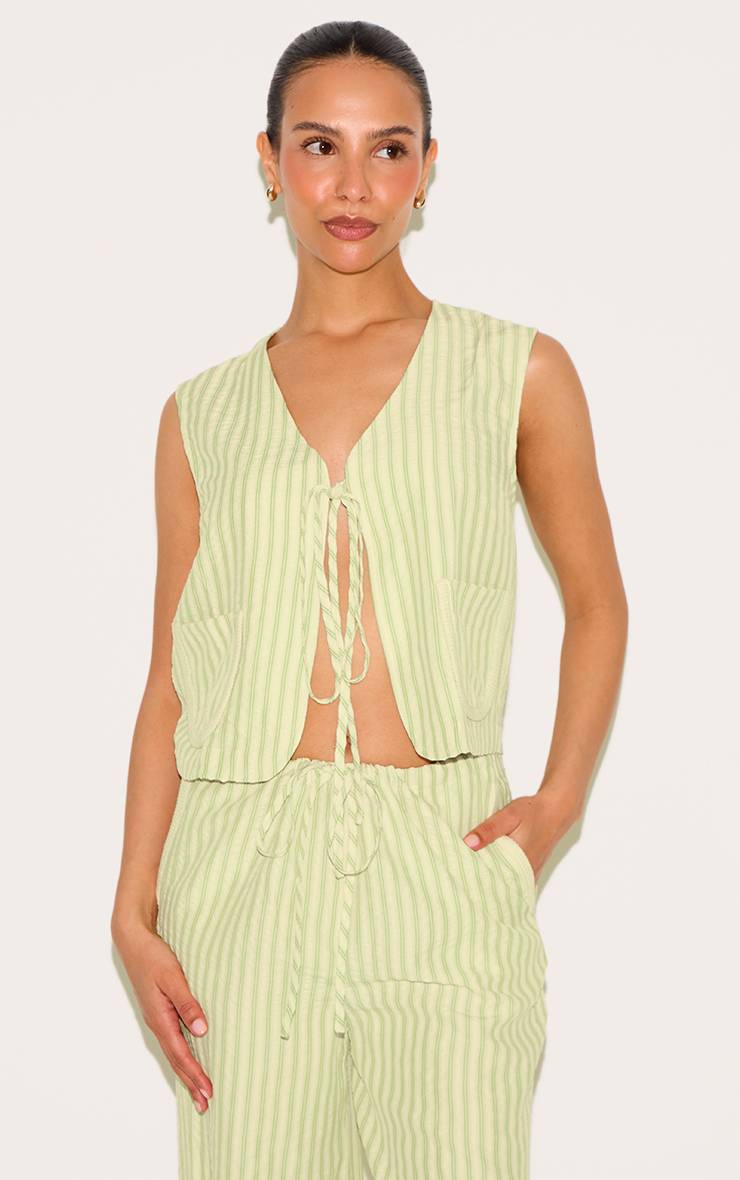 Vert Olive Gilet Long Rayé Tissé À Nouer Devant Petite