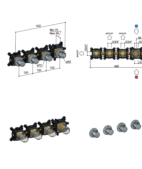 Hotbath Cobber CB7070 afbouwdeel inbouw douchethermostaat met 3 stopkranen geborsteld nikkel