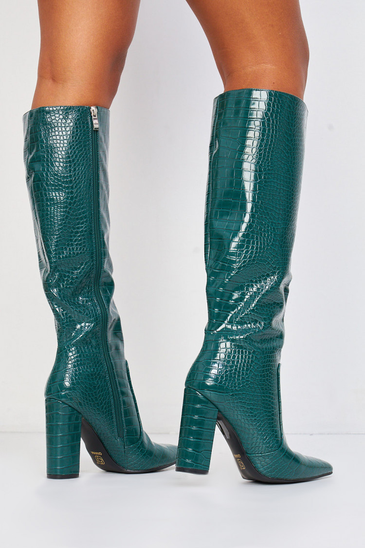 Bottes vertes laquées effet croco talon bloc