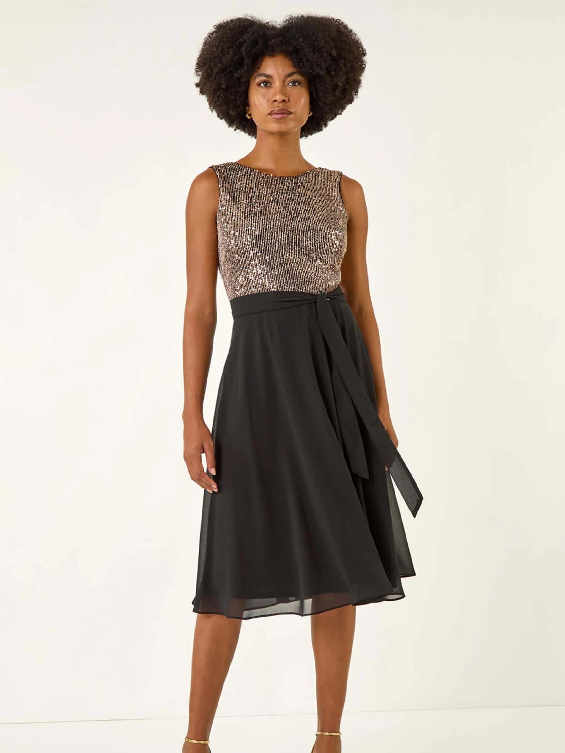 Metallic - Roman Sequin Bodice Belted Chiffon Dress