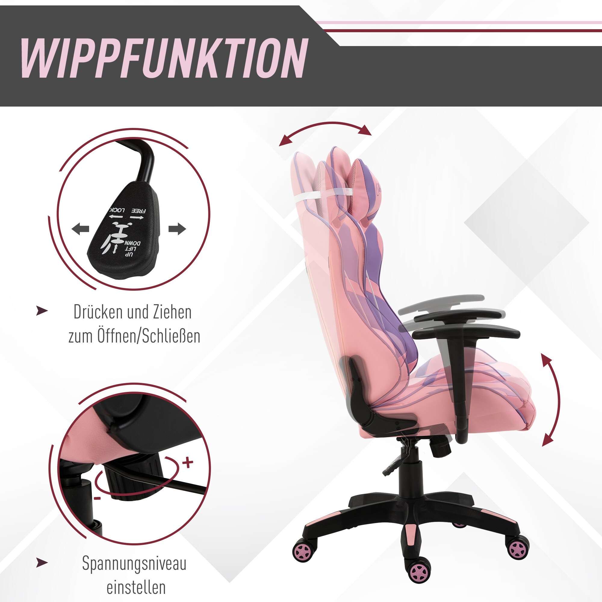 Vinsetto Gamingstuhl ergonomisch rosa, violett 69 x 56 x (116-125,5) cm (BxTxH)