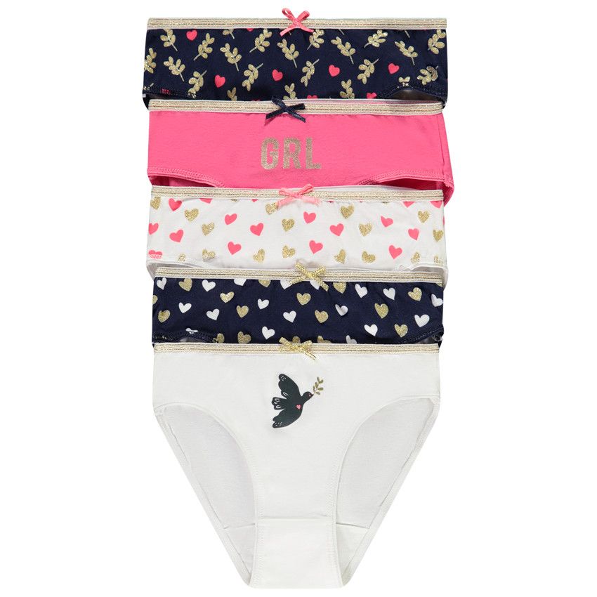 Lot de 5 culottes en jersey imprimé coeurs et feuilles pour fille - Bleu marine