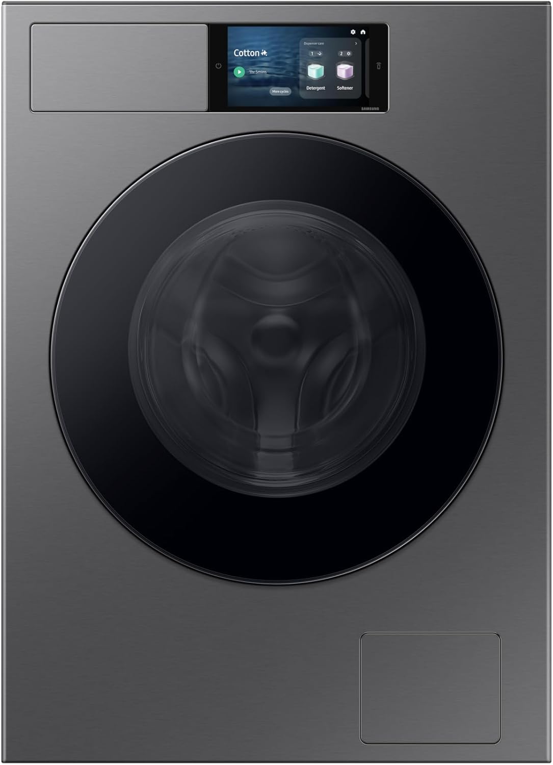 Samsung BESPOKE AI Laundry WF90F09C4S/U3 Waschmaschine Freistehend, 9 kg, WLAN, Ecodosator, AI Home Display, Energieklasse A-55%, Gehäuse: Dark Silver Steel, Bullauge: Schwarz, 60 x 85 x 60 cm