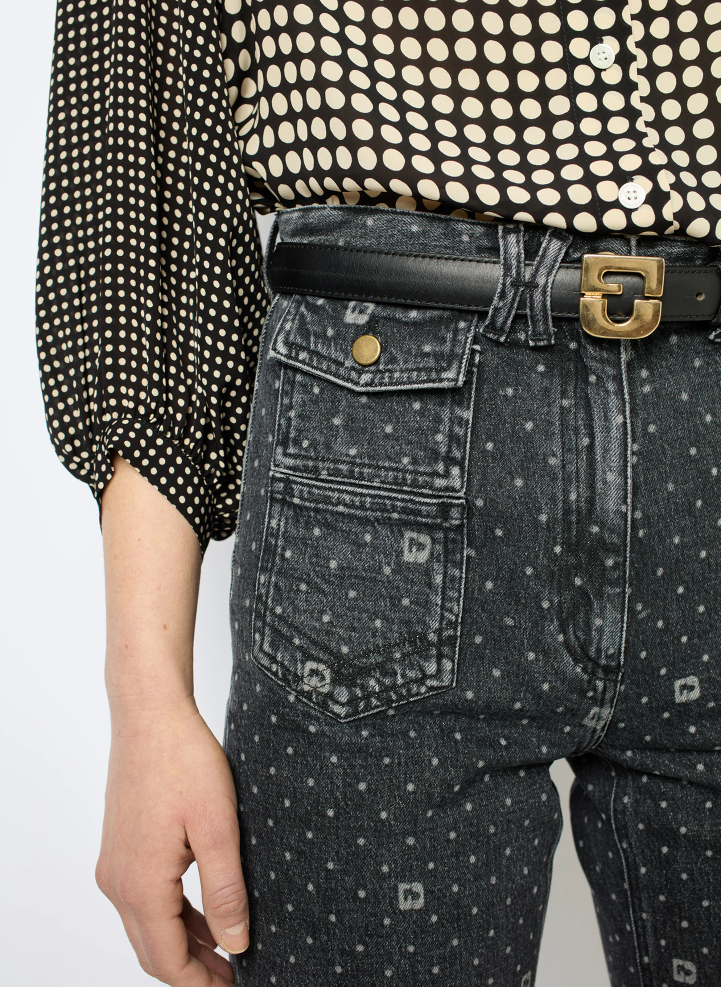 ANNA - Jean flare en denim délavé à imprimé all-over | Gris