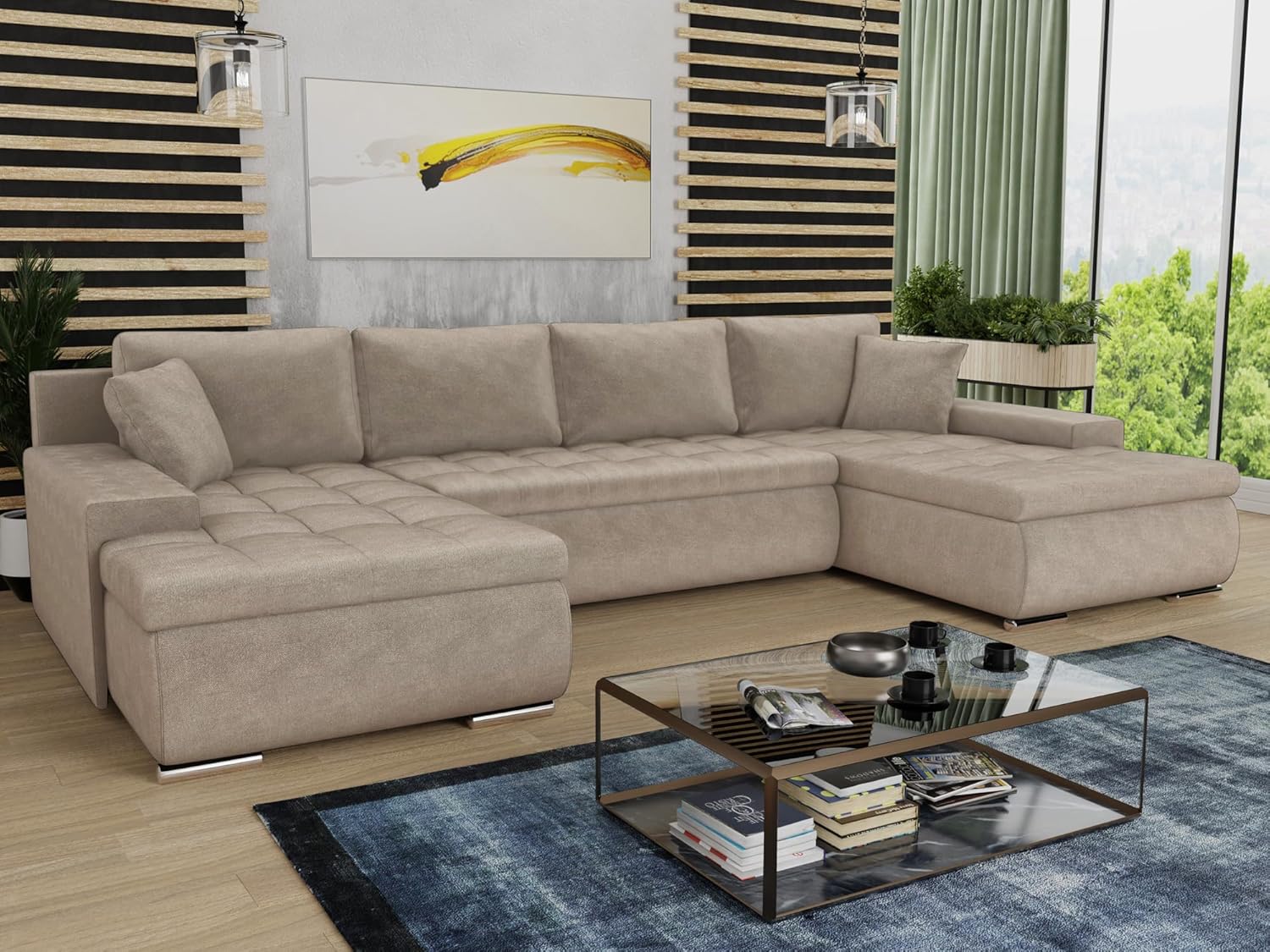 Sofnet Wohnlandschaft mit Schlaffunktion Faris U-Form - Couch, Schlafsofa mit Bettkasten, Couchgranitur mit Bettfunktion, Big Sofa, Bettsofa (Beige (Paros 02))
