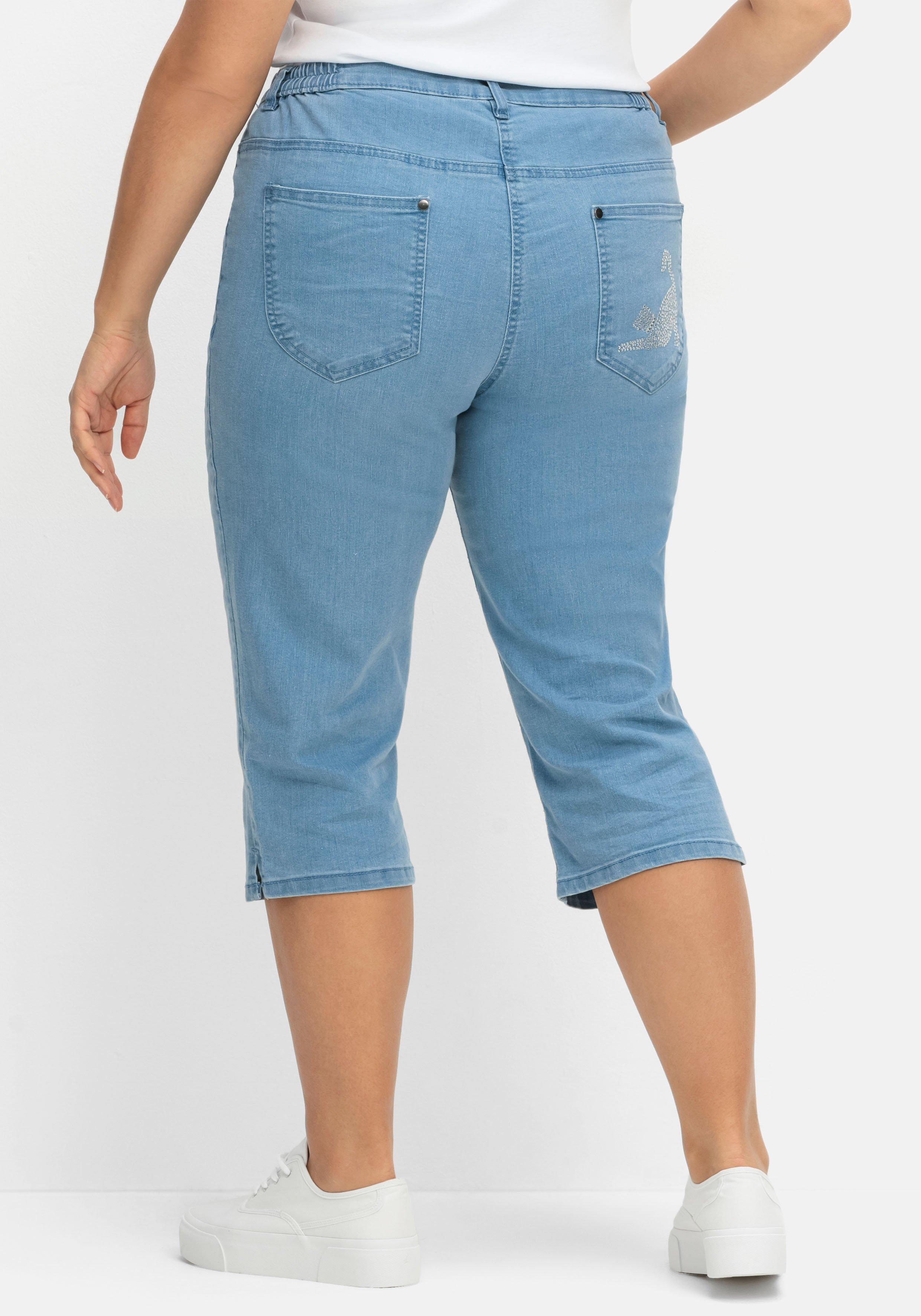 Caprijeans mit Teilgummibund und Glitzersteinen