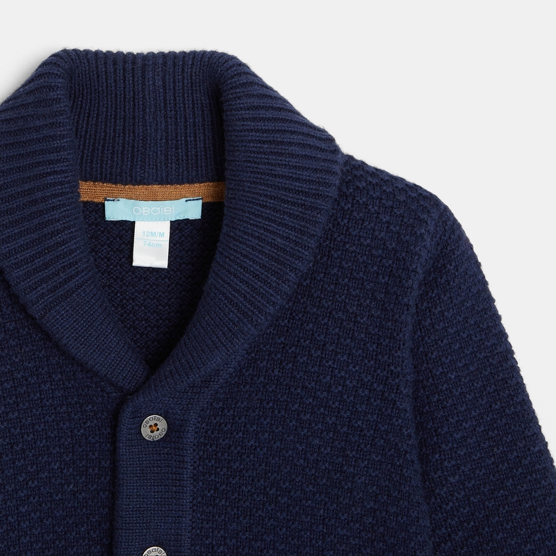 Gilet tricot chiné coton bio boutonné bleu bébé garçon