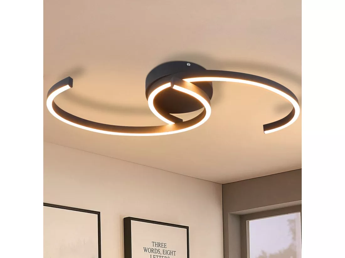 NETTLIFE Plafonnier LED Moderne 60 cm Noir 24 W Blanc Chaud Lampe de Salon pour Chambre Cuisine Couloir Salle à Manger