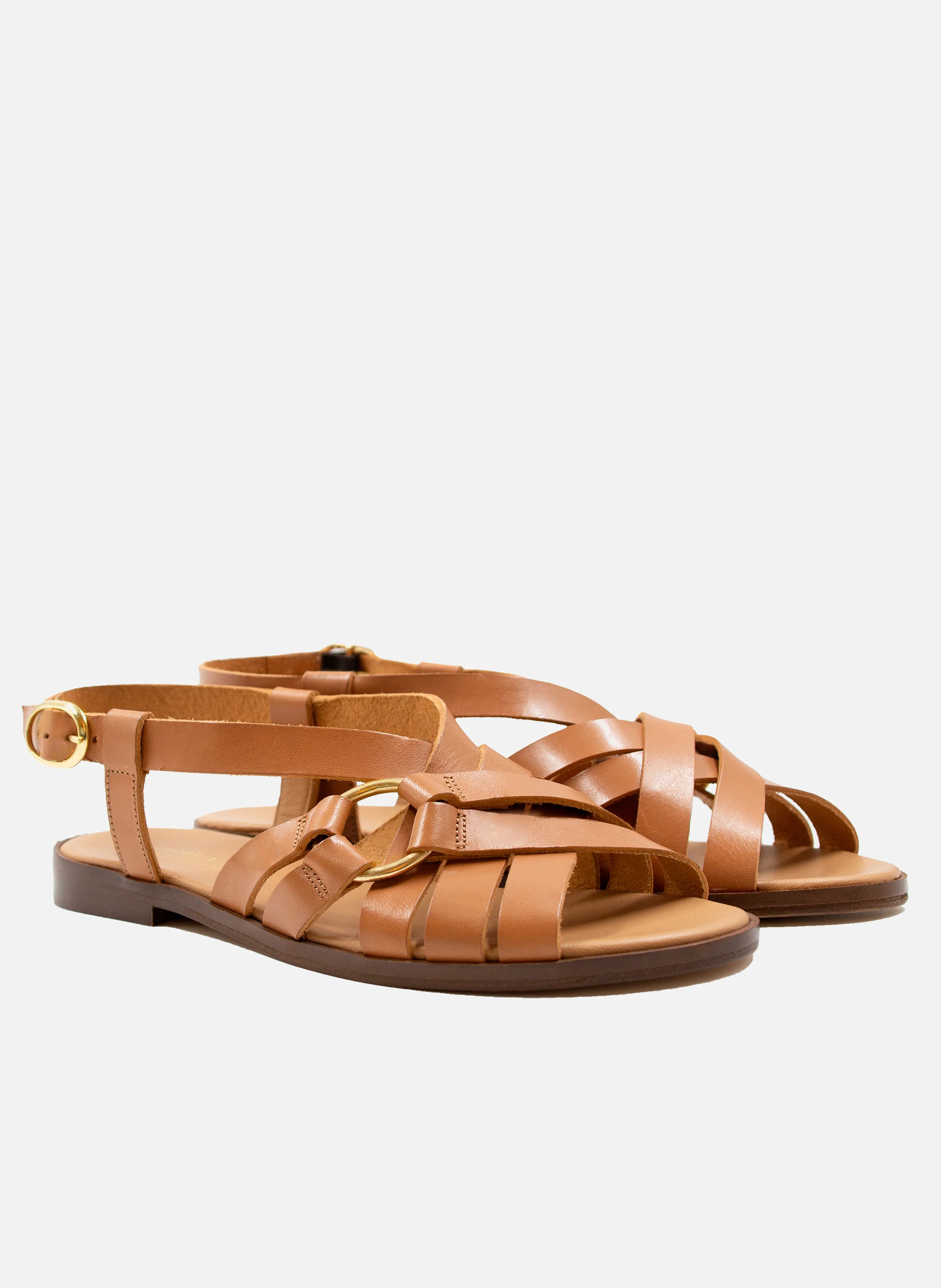 Sandales plates anneau cuir lisse | Marron