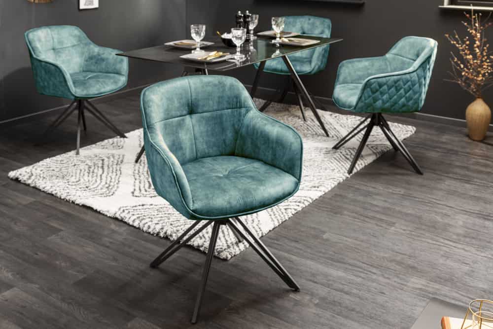Drehbarer Design Stuhl EUPHORIA petrol Samt mit Armlehne Metallgestell schwarz