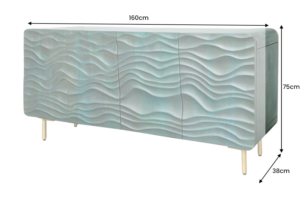 Design Sideboard WAVE 160cm türkis Mangoholz Massivholz mattgold Metallbeine