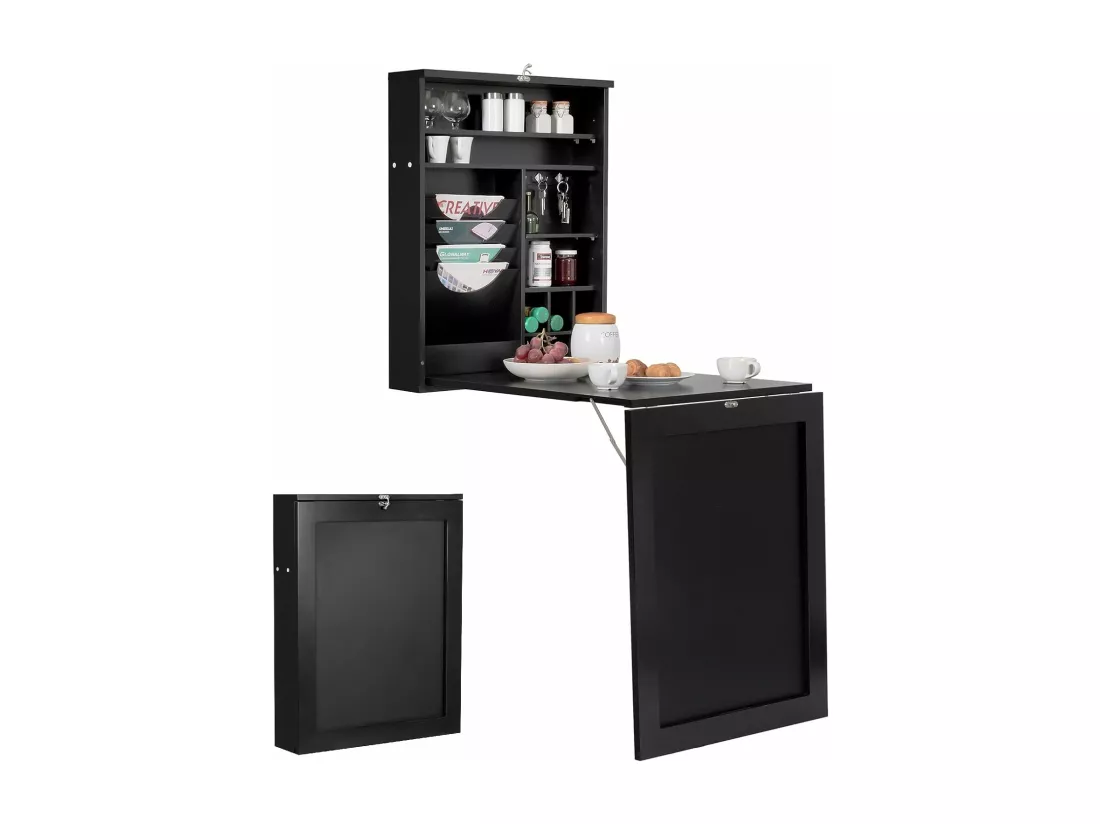 Bureau Mural Rabattable, Table Murale Pliable avec Compartiments Intégrés et Plateau Inscriptible, 87 x 60 x 150 CM Noir
