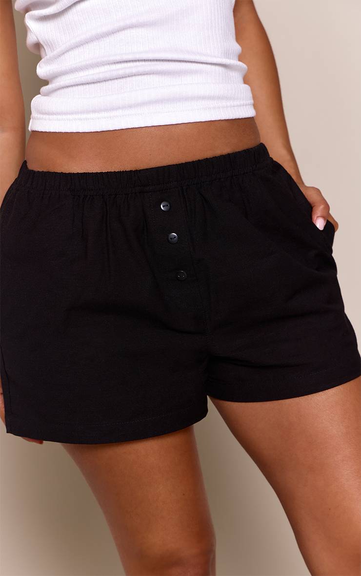 Noir Short Boxer Petite Aspect Lin Avec Détail Boutons