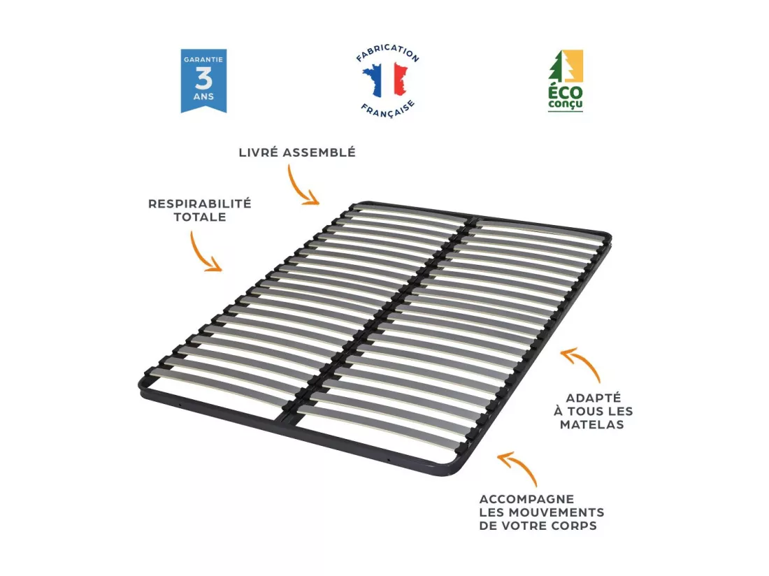 Sommier à lattes + pieds 140x190 C221 - 40 lattes bois - Fabrication française