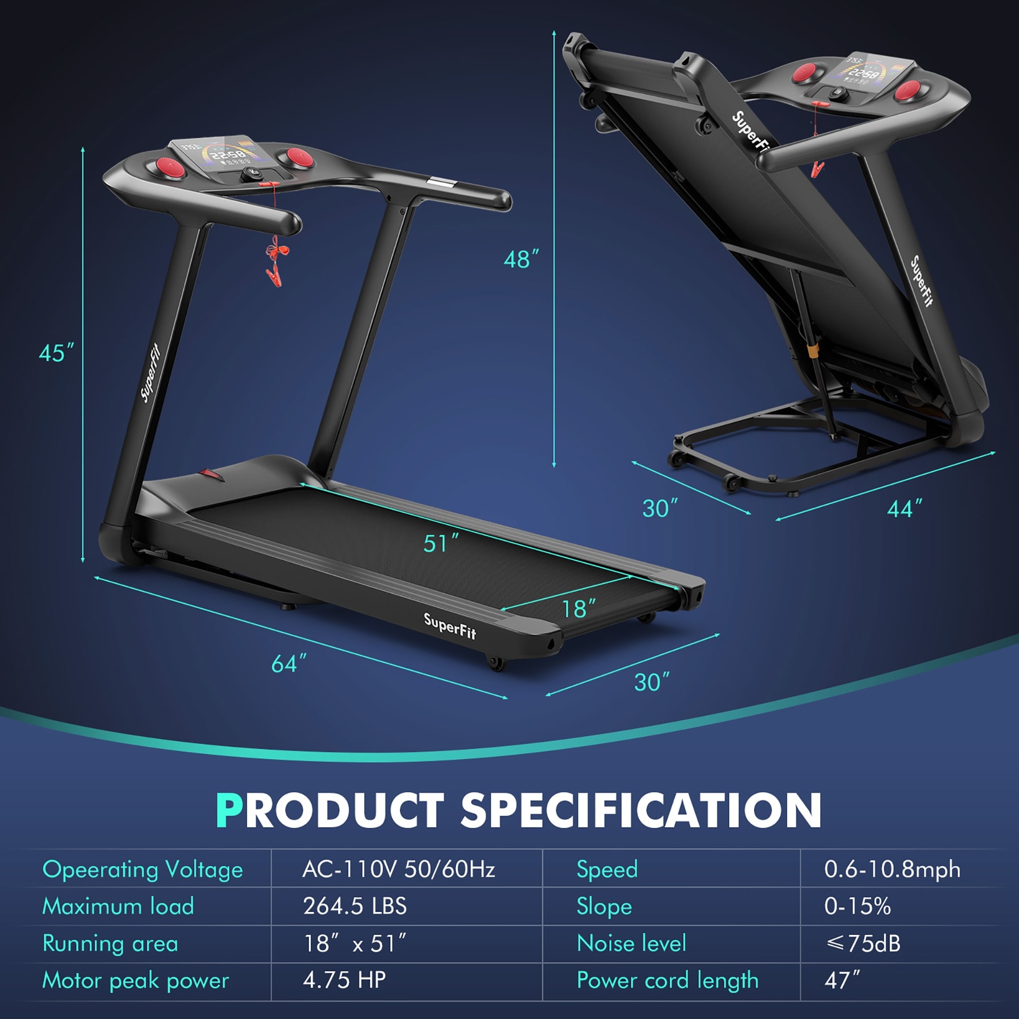Esteira dobrável SuperFit 4.75HP com programas predefinidos e tela sensível ao toque - 64'' x 30'' x 45''