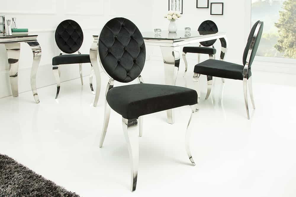 Eleganter Stuhl MODERN BAROCK schwarz Samt mit Knöpfen Edelstahlbeine