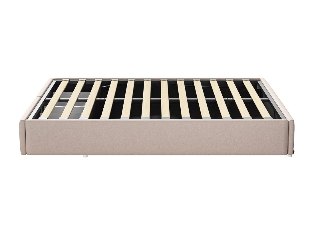 Lit coffre 160x200cm en tissu lin avec 2 tiroirs - sommier à lattes - sans tête de lit - Beige