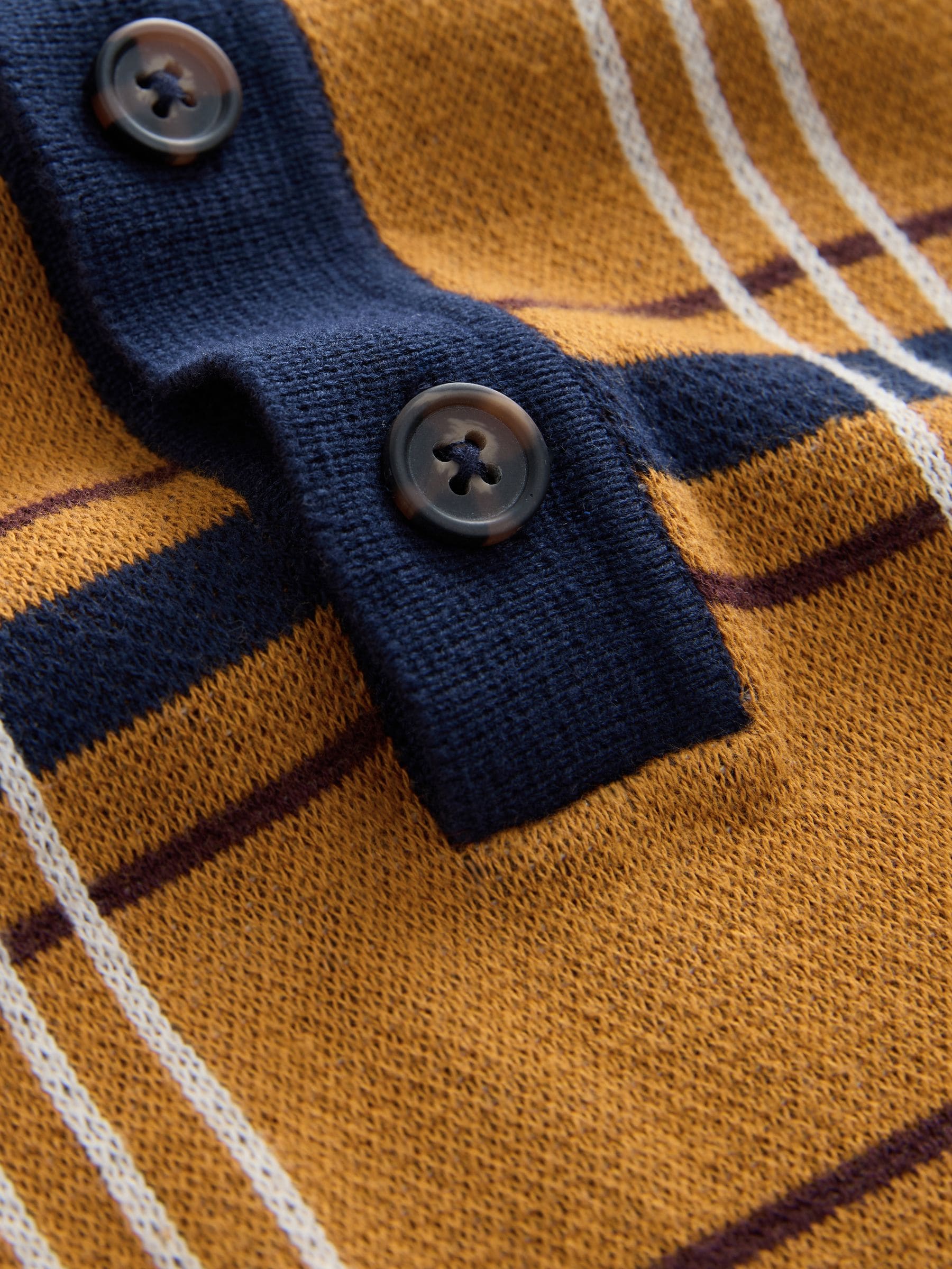 Marineblauw/mosterdgeel - Regular Fit Long Sleeve Knitted Check Polo Shirt