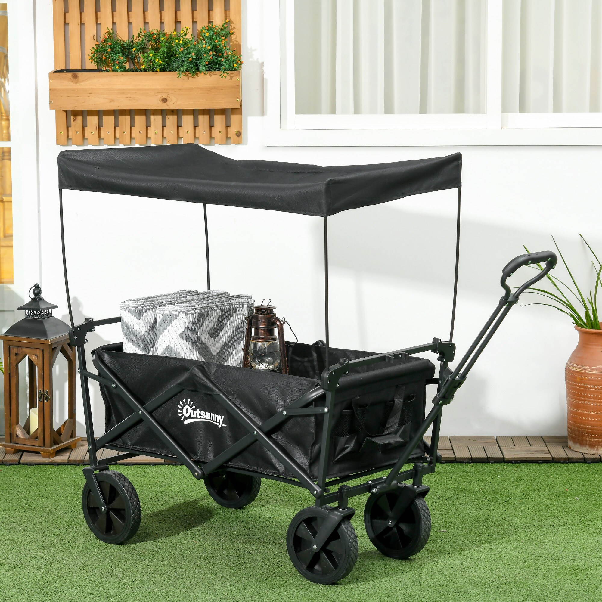 Outsunny Bollerwagen mit Sonnendach schwarz 97L x 52B x 105H cm