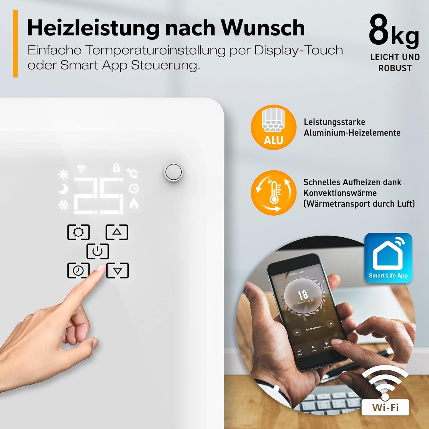 TRESKO® Glaskonvektor 2000W APP WiFi Funktion | Elektroheizung Glasheizung elektrisch | Konvektor Heizung Heizkörper LED-Display & Timer | Elektroheizkörper Stand- oder Wand Heizung