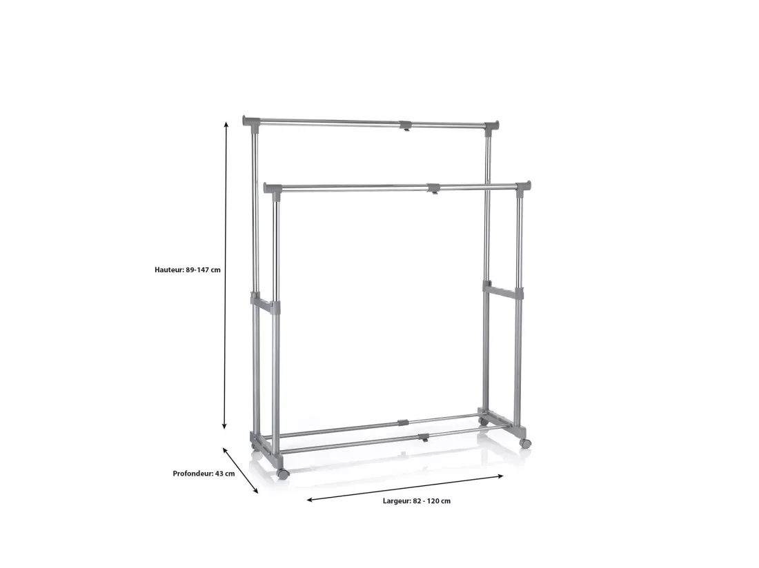 Portant à vêtements CASA en métal chromé et gris, penderie double sur roulettes avec 2 barres hauteur et longueur réglables