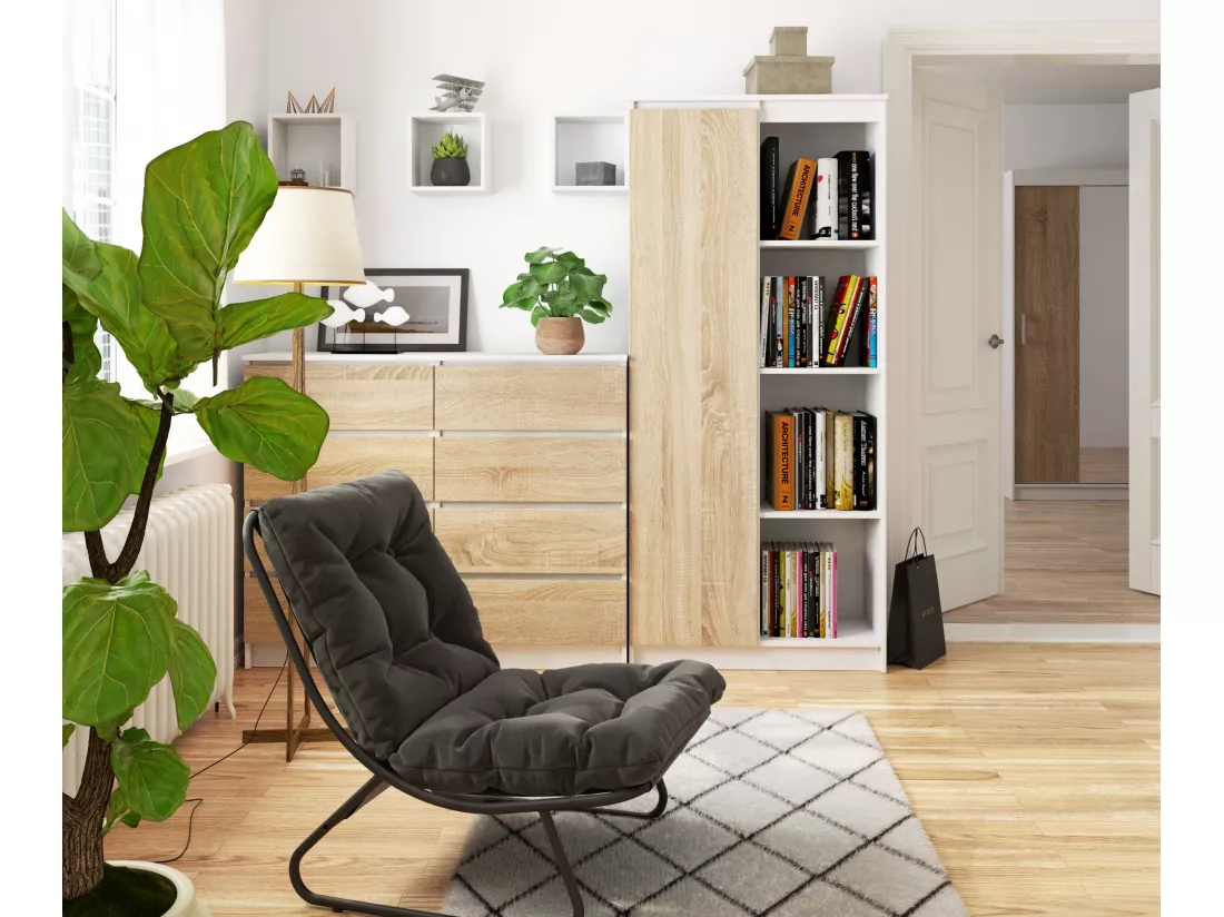Bibliothèque de bureau AKORD R80 Blanche 80 cm 1 porte façade Chêne Sonoma mat 8 étagères 80x35x180 cm