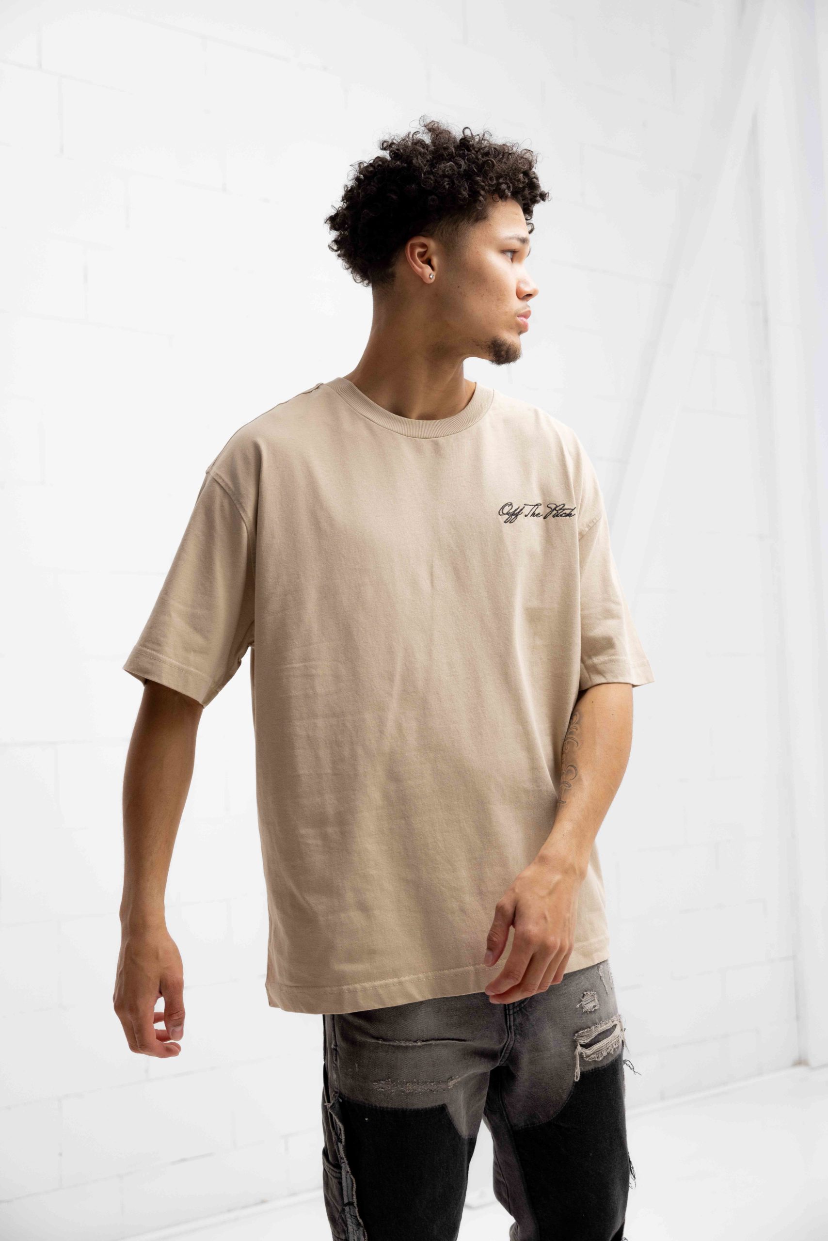 Off The Pitch Script Loose Fit T-Shirt Unisex Beige