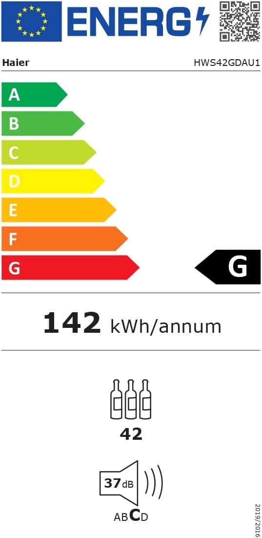 Haier HWS42GDAU1 Series 7 Cave à vin, 42 bouteilles, connectivité Wi-Fi, lumières LED et verre anti-UV, étagères en bois, 49,7 x 58,5 x 82 cm, noir
