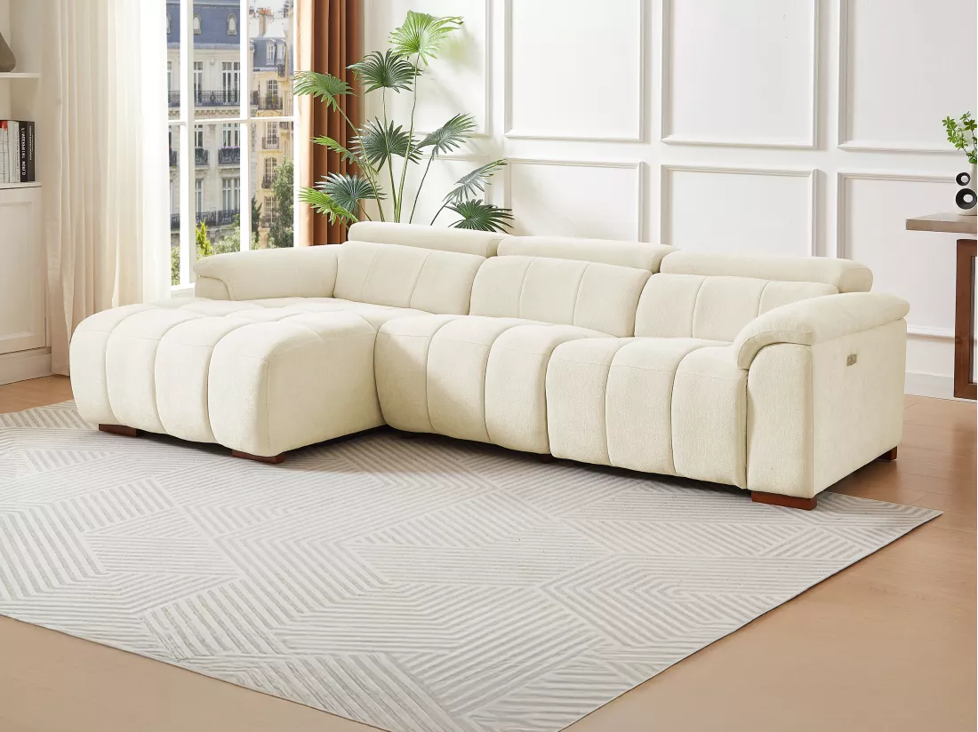 Canapé d'angle gauche relax électrique en tissu beige MOLPICA