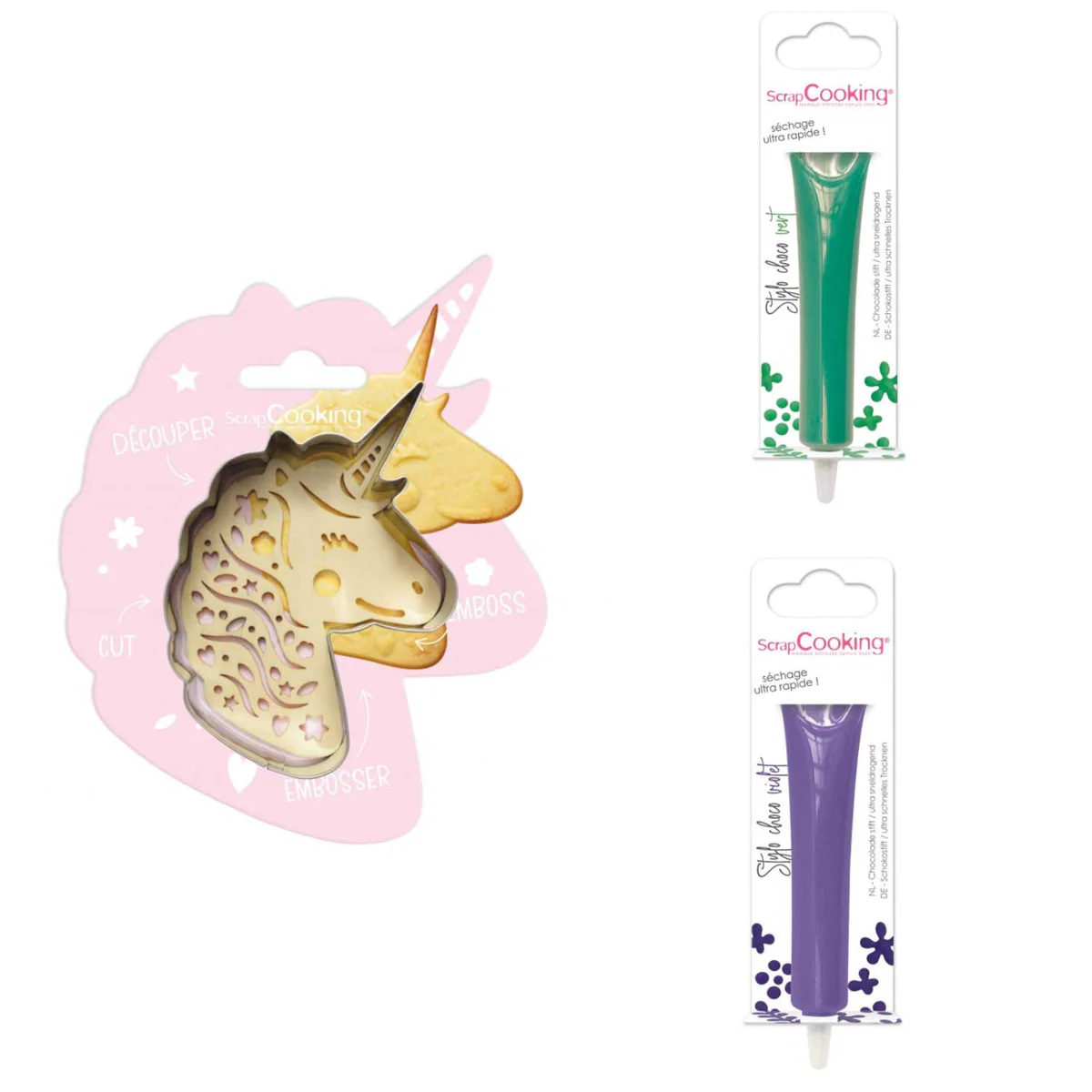 Kit pour biscuit en relief Licorne + 2 Stylos au chocolat vert et viol