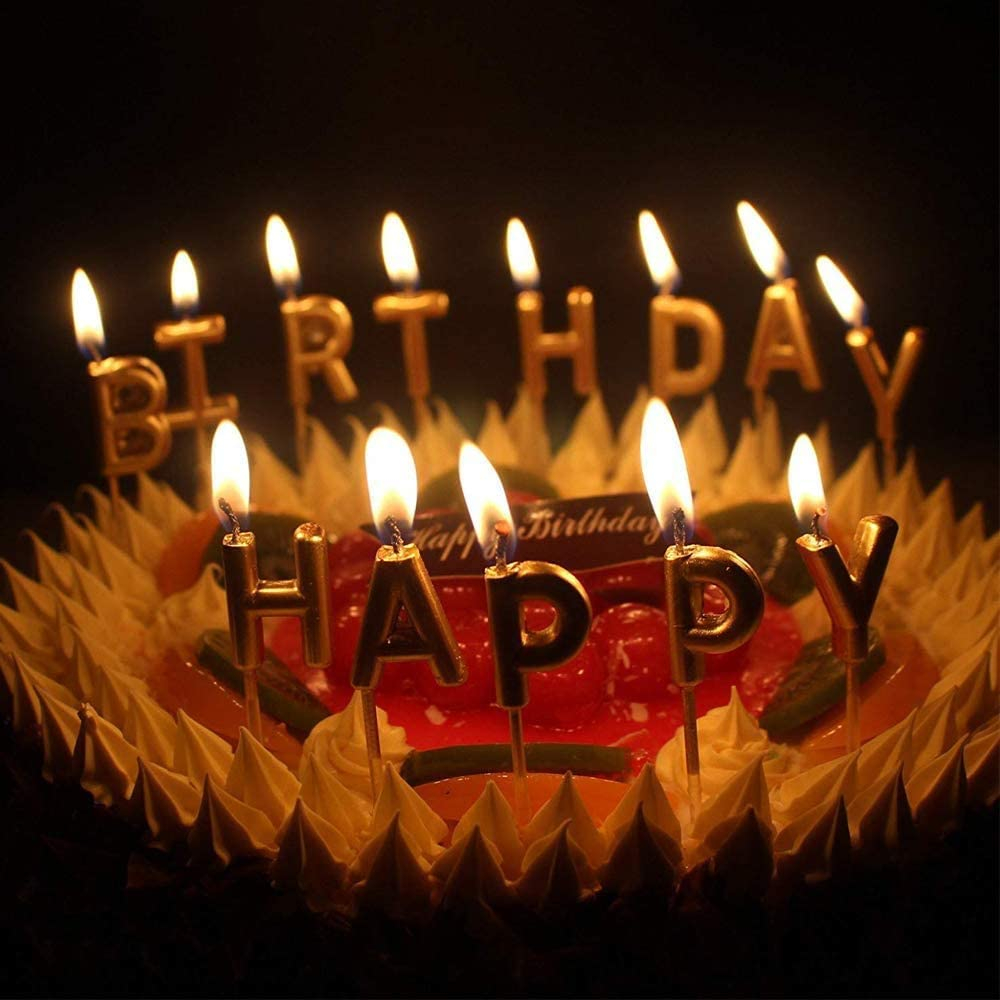 (13-tlg. Set) Happy Birthday Buchstaben Geburtstags Kerzen Deko für Torten / Kuchen / Muffins - Roségold