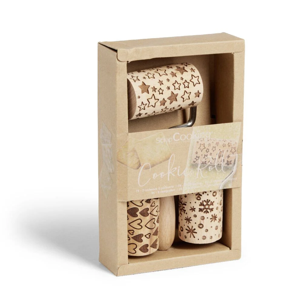 Lot de 3 mini rouleaux à pâtisserie en bois à motifs étoile/flocon/coeur