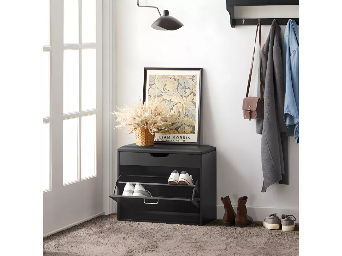 SoBuy Banc à Chaussures Meuble Chaussures Commode à Chaussures Meuble d’entrée 1 abattant avec Assise Rabattable Coussin Rembourrée – 60x30x49 cm, FSR95-SCH
