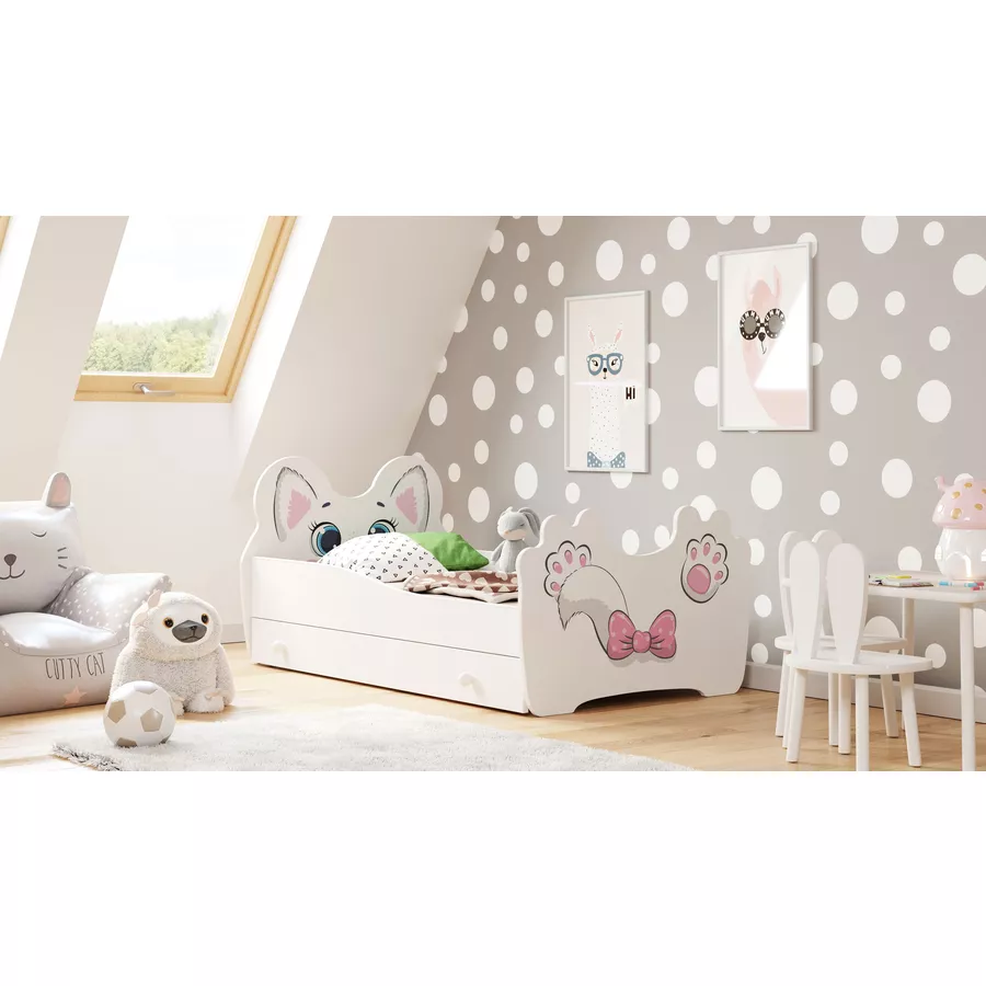 Kids Collective Kinderbett Jugendbett 80x160 cm mit Matratze, Schublade und Lattenrost, MDF-Holz weiß - Katzenmotiv