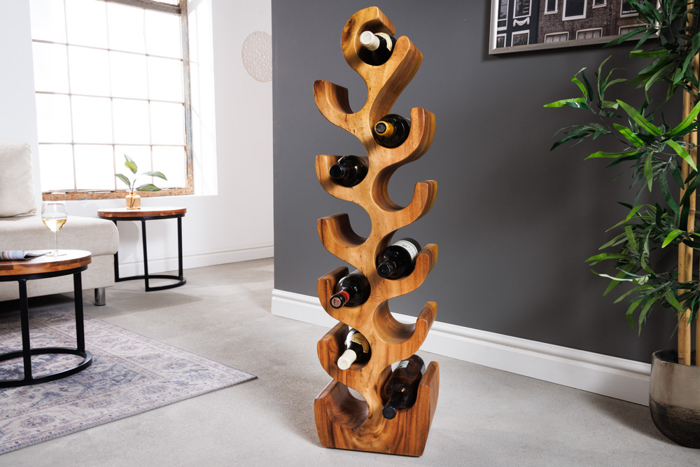 Skulp­tu­rales Weinregal ARTE 100cm natur Suarholz handmade in Bali Flaschenhalter