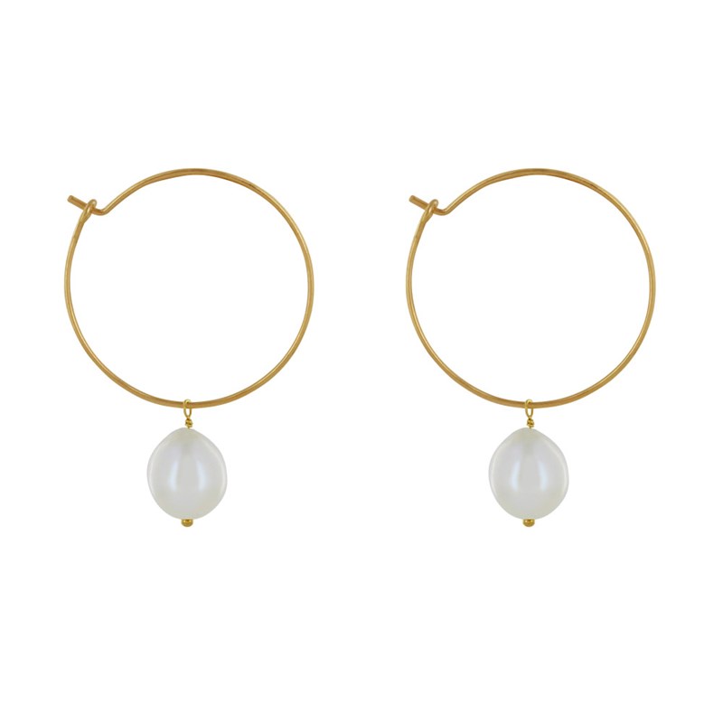 Boucles d'Oreilles Plaqué Or Créoles et Perles de Culture Blanches