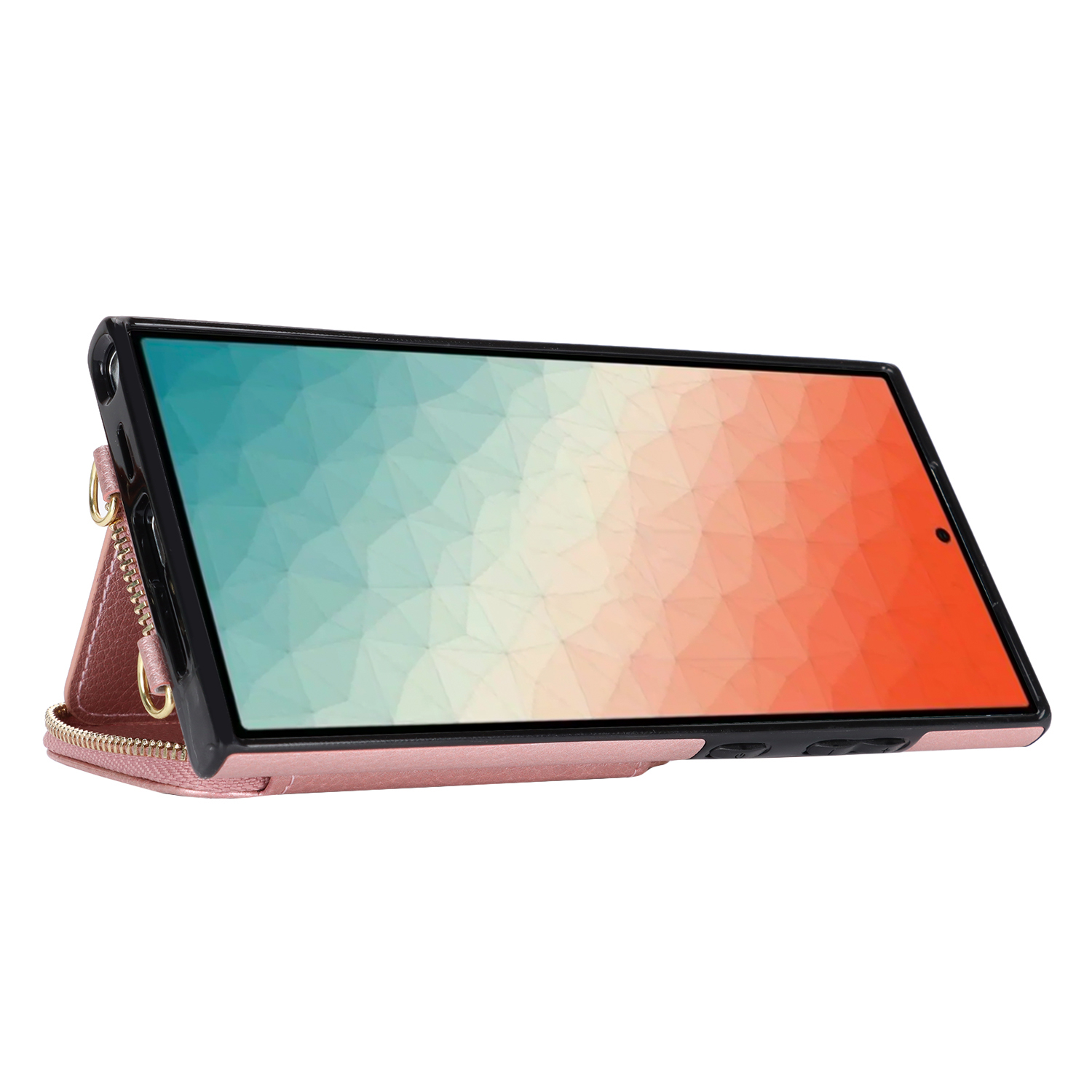 Samsung Galaxy S25 Ultra Necklace Leder Schutz Hülle mit Kartenfächer   Handykette (140cm) - Roségold