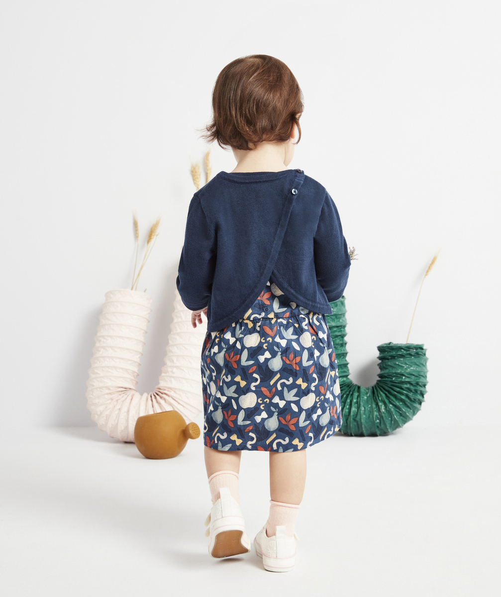 ROBE BI-MATIÈRE BÉBÉ FILLE BLEU MARINE ET IMPRIMÉE
